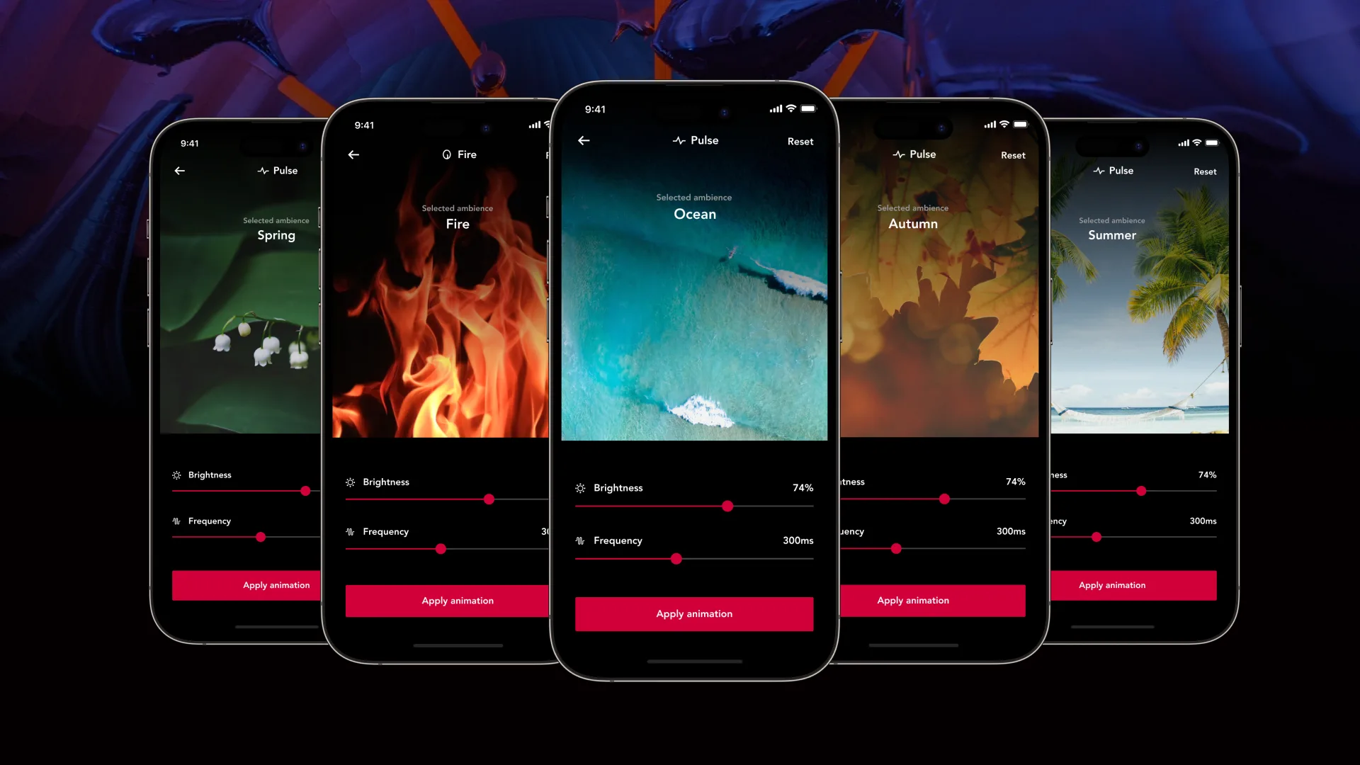 Ambiences: fire, ocean, autumn, spring, summer, with brightness and frequency under each