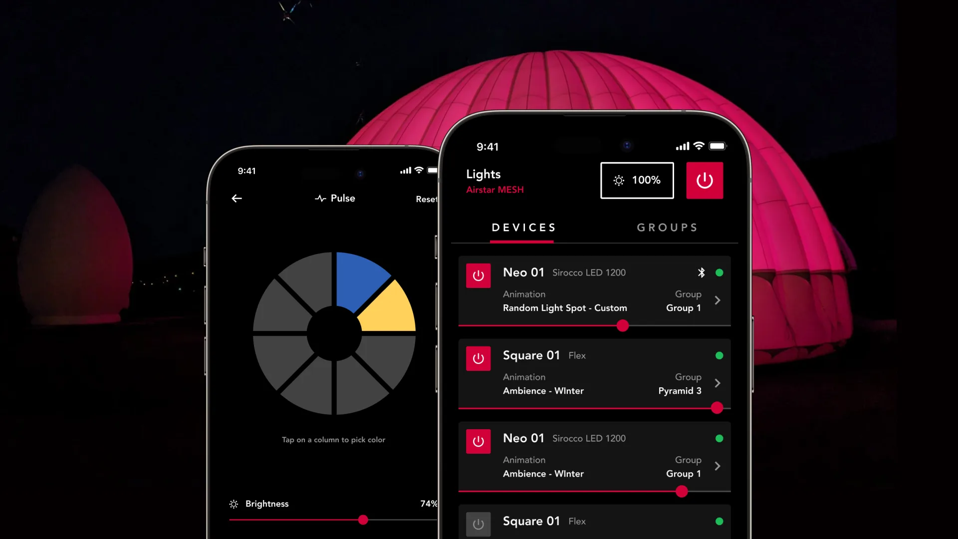 Devices and groups: every fixture on the mesh, and the blackout button