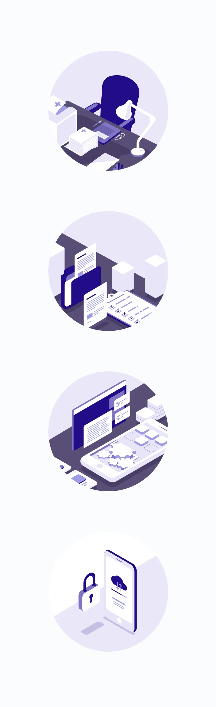 Purple illustrations of a consultation room, records, a digital workspace, and a phone with a padlock