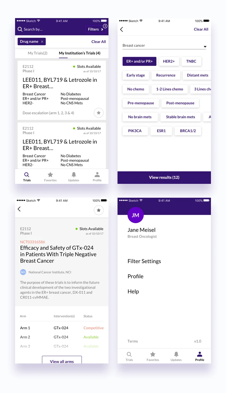 Clinician mobile screens showing trial listings, clinical filters, trial details, and an oncologist's profile