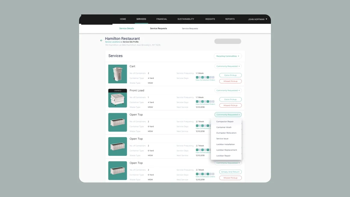 Enterprise dashboard with site-level service details, recycling commodities, and container schedules.