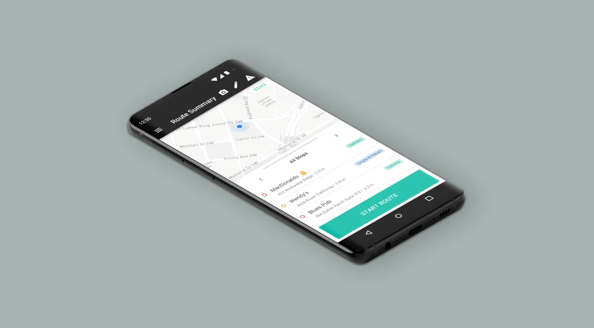 Driver mobile app showing a route summary with stops and turn-by-turn context.
