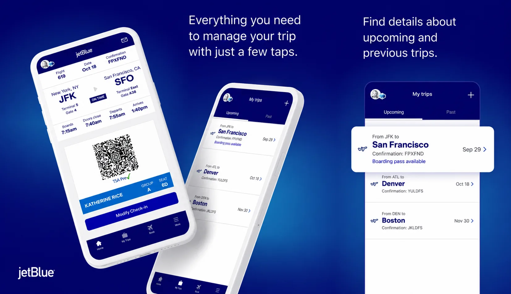 The boarding pass and My trips: JFK to SFO, TSA Pre, gate, seat, and every trip in one list