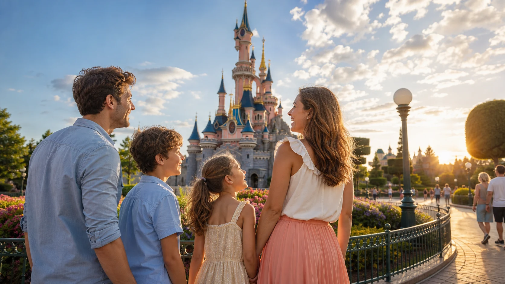 AI-generated scene of a joyful fictional family beside the Disneyland Paris castle in golden evening light