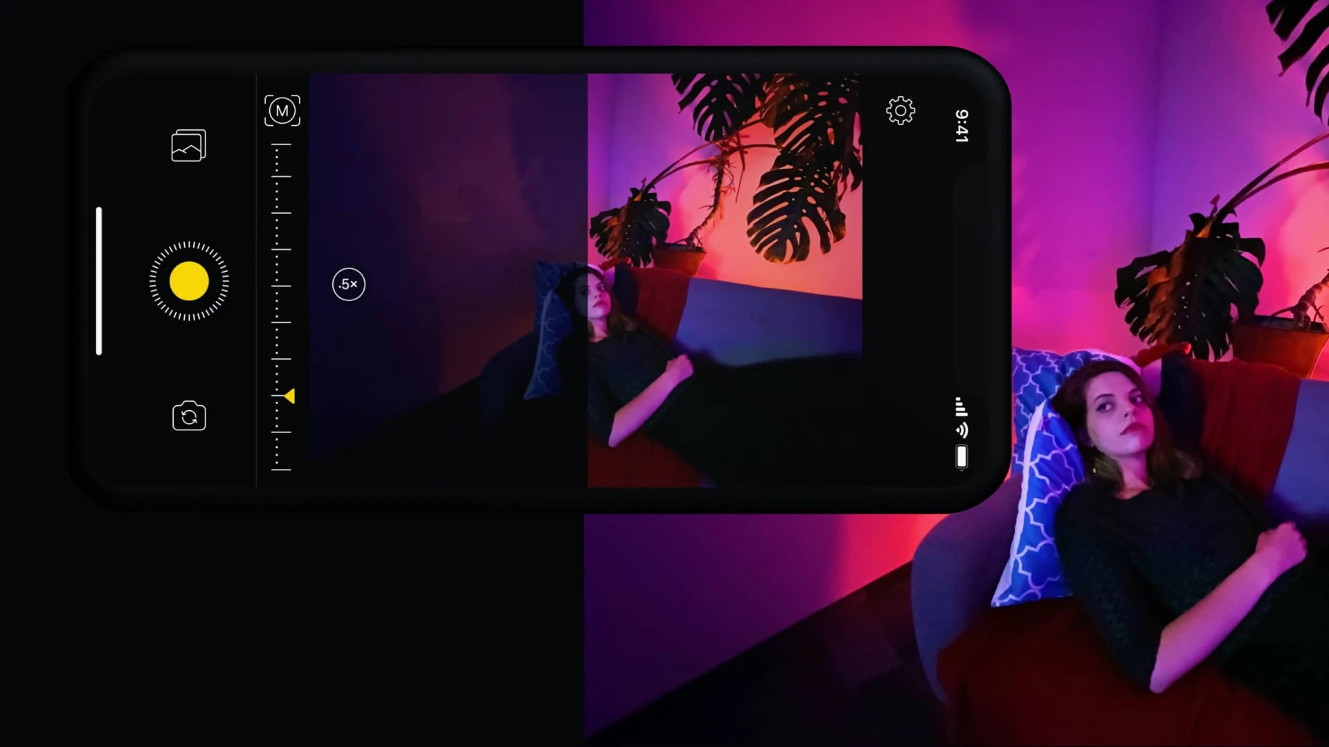 The camera interface and a portrait in colored light