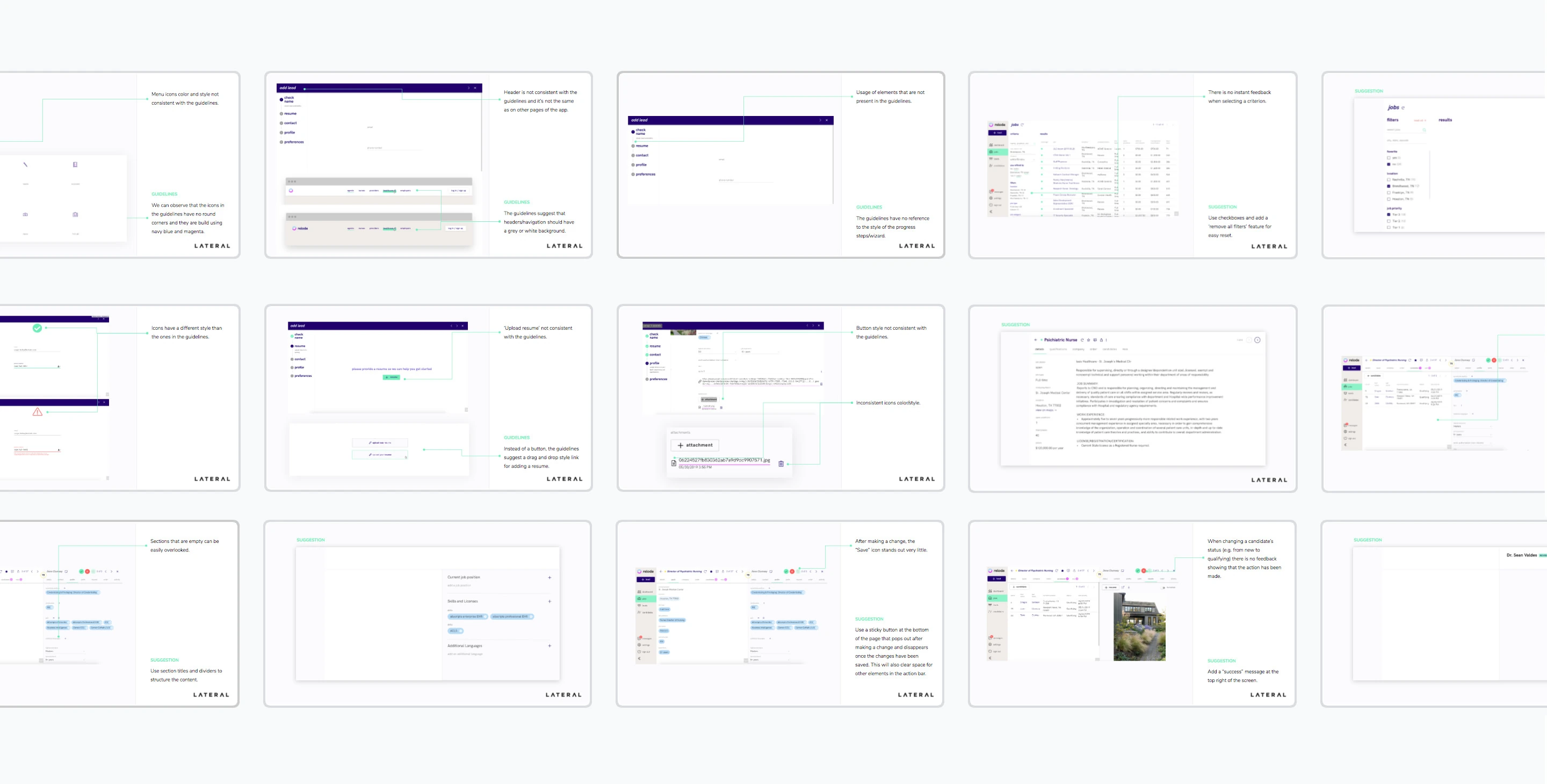 Relode interface screens annotated during the design audit