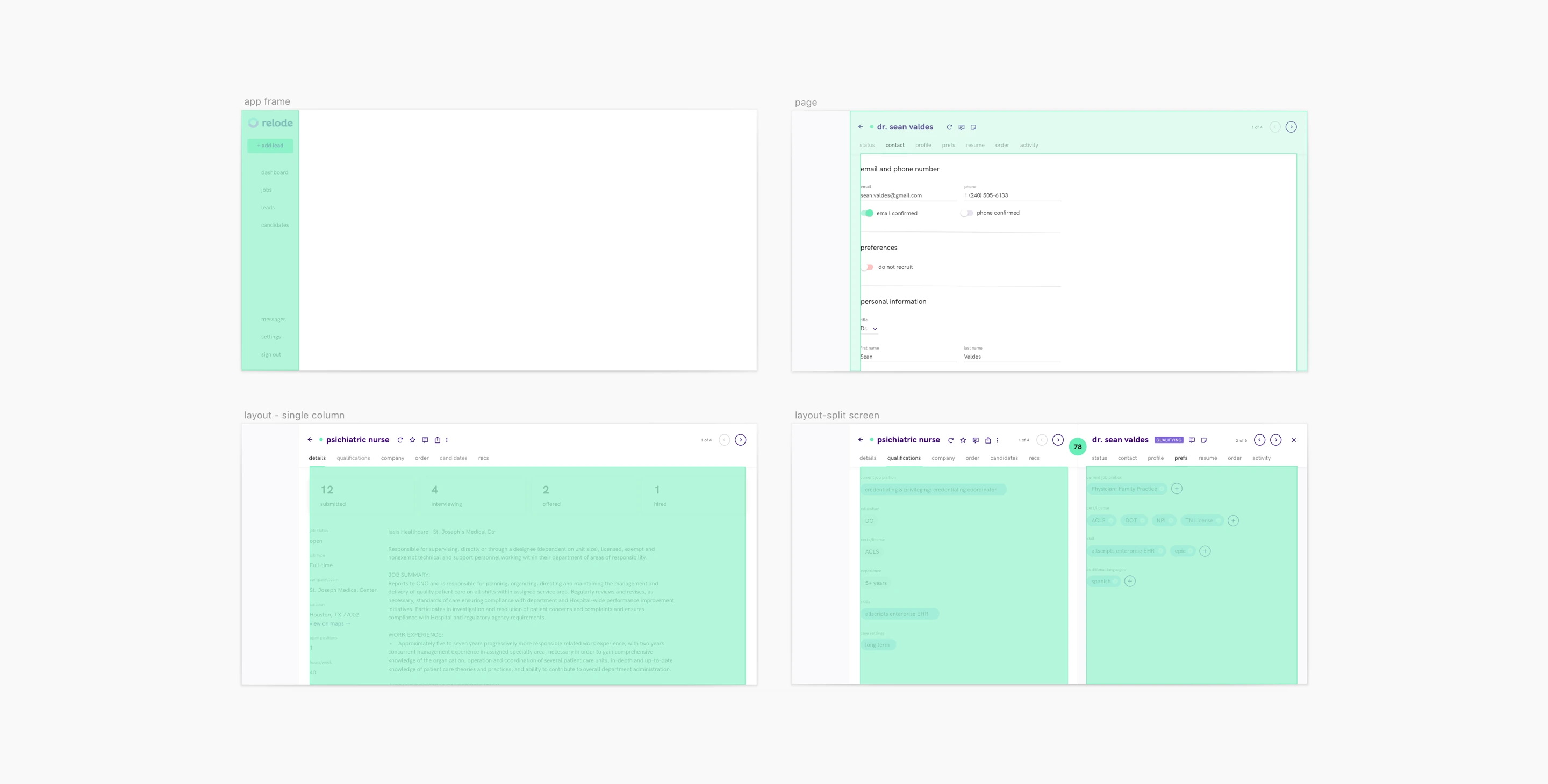 Relode page layouts with columns, navigation and content regions highlighted