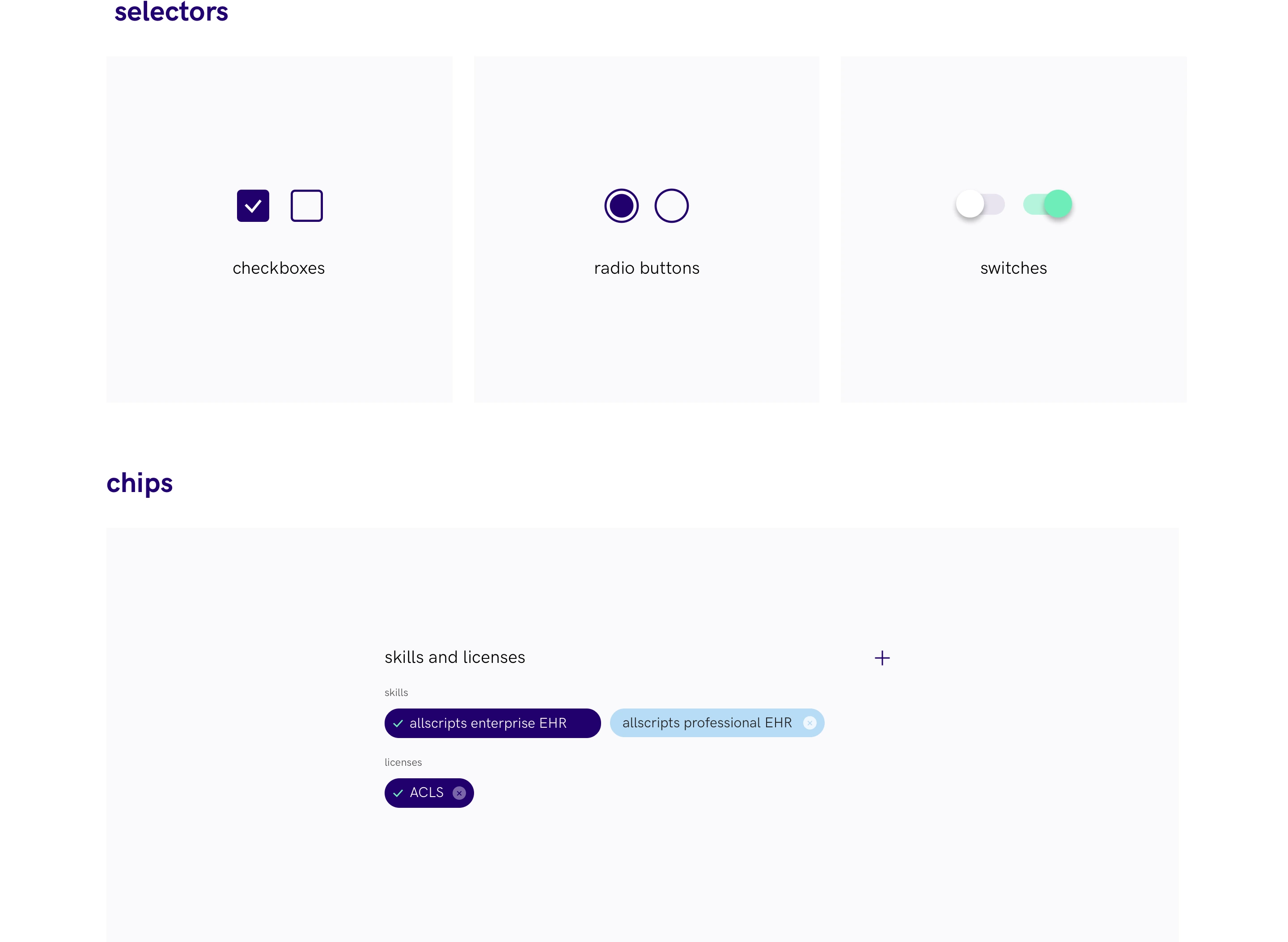 Checkboxes, radio buttons, switches and qualification chips in the Relode design system
