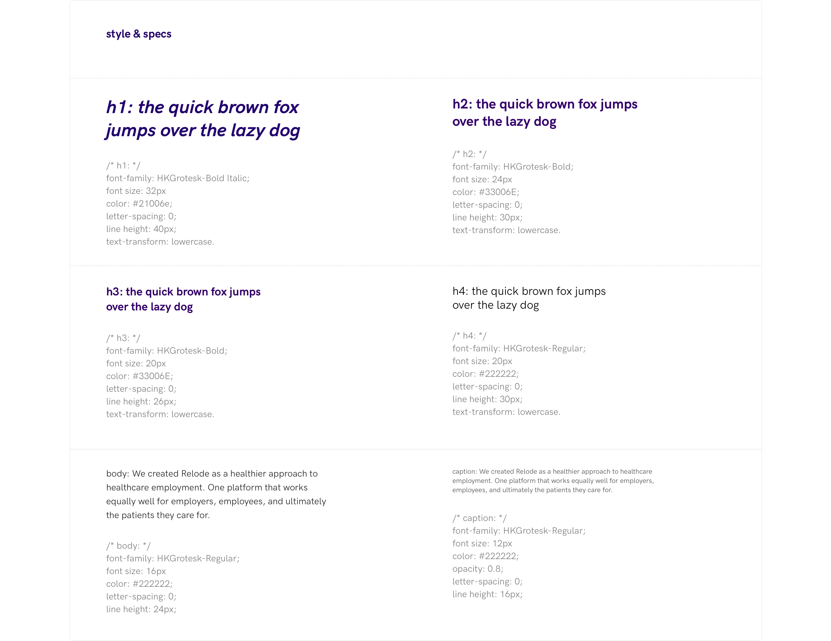 Relode heading, body text and caption styles arranged in a typography specification