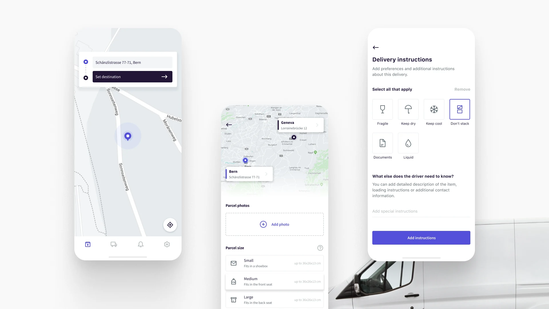 The consumer app: destination, parcel size, delivery instructions
