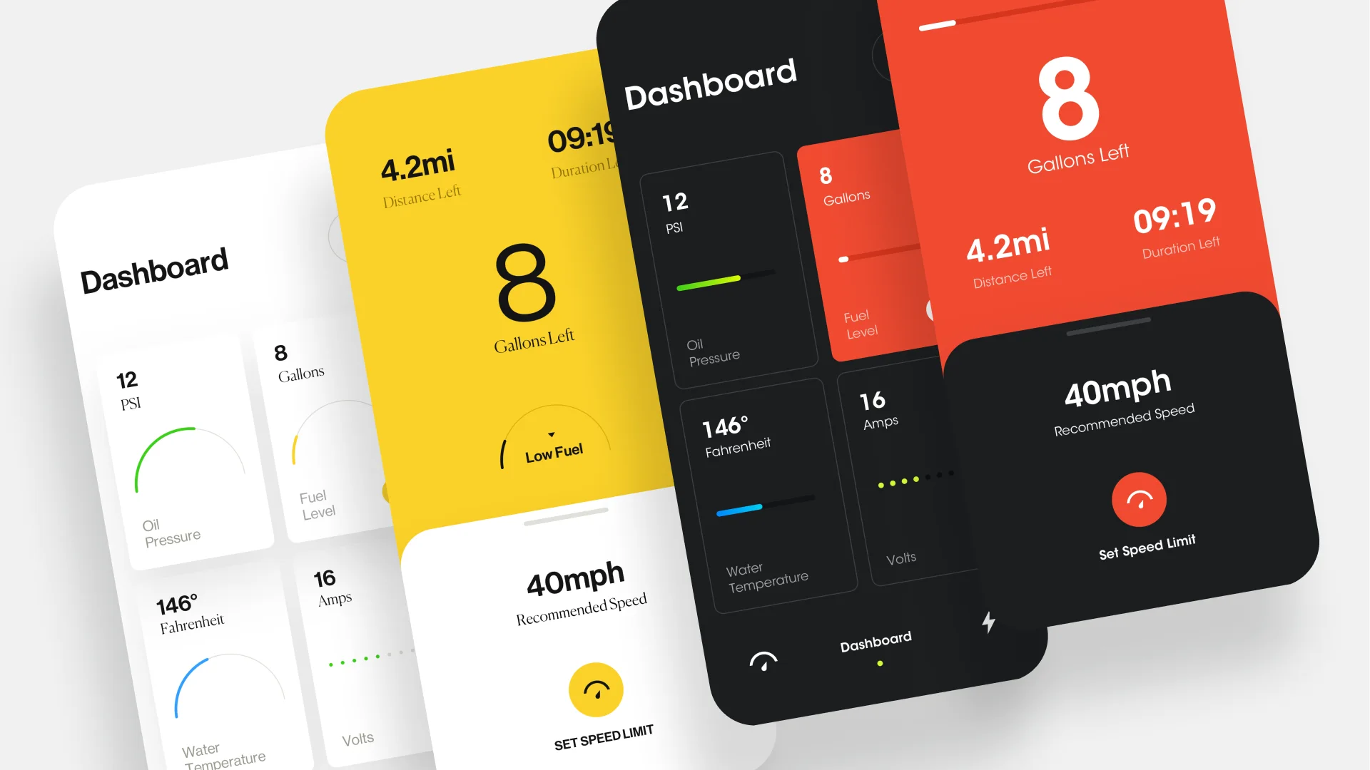 Dashboard: oil pressure, fuel, temperature, volts